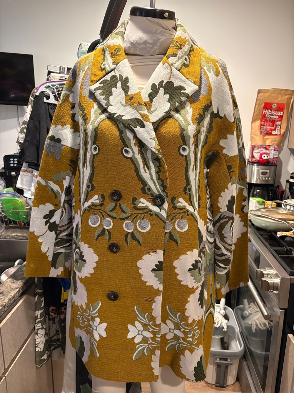 Desigual Mustard Floral Double-Breasted Coat Dress